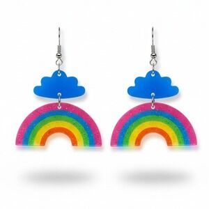Sparkly Rainbow Cloud Dangle Earrings‎ Colorful Fun Novelty Jewelry for Women